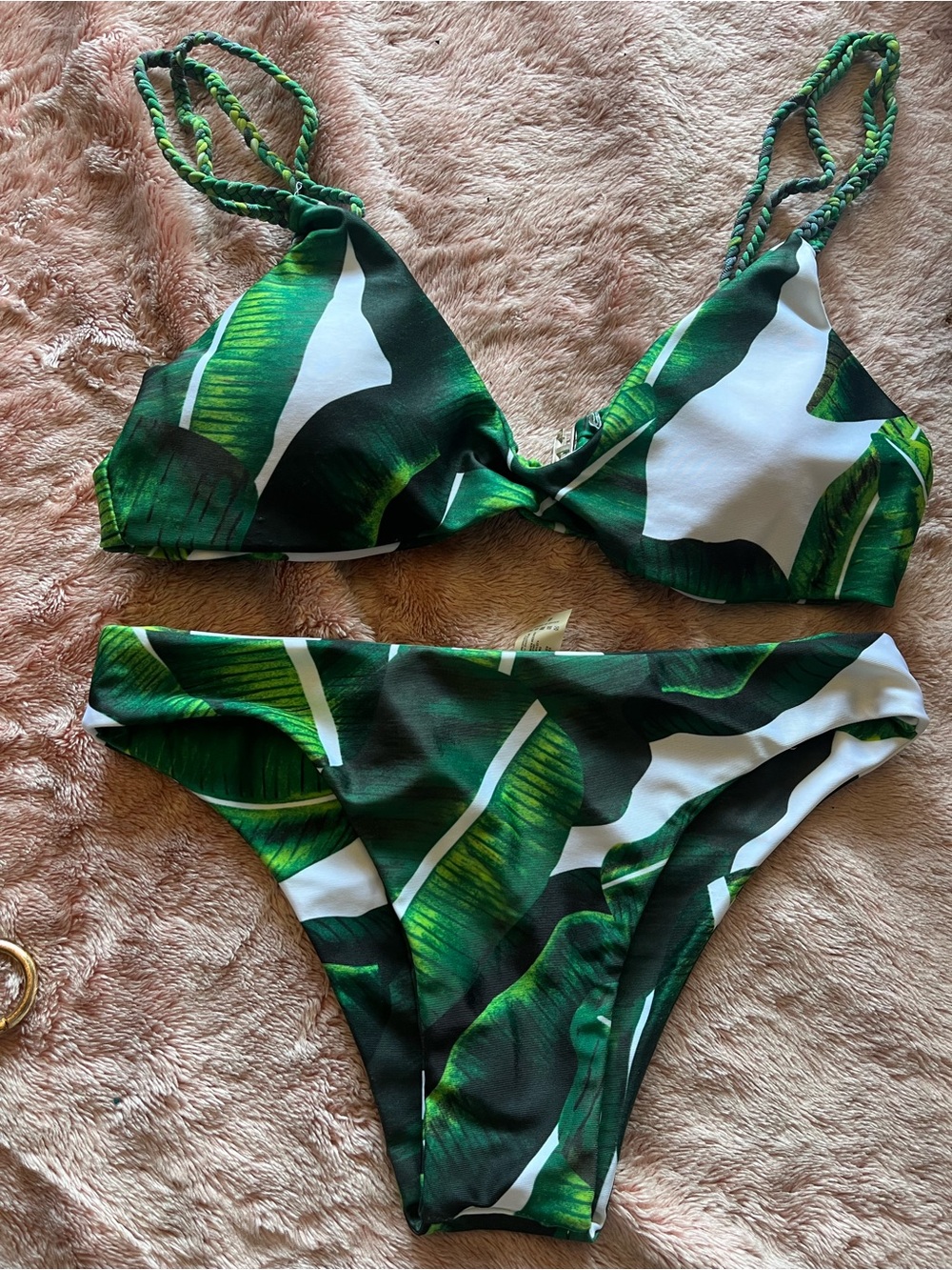Green Leaf Print Triangle Bikini